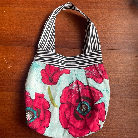 Handmade Reversible Unique Floral Striped Shoulder Hobo Bag Purse OOAK Boho - Picture 1 of 13